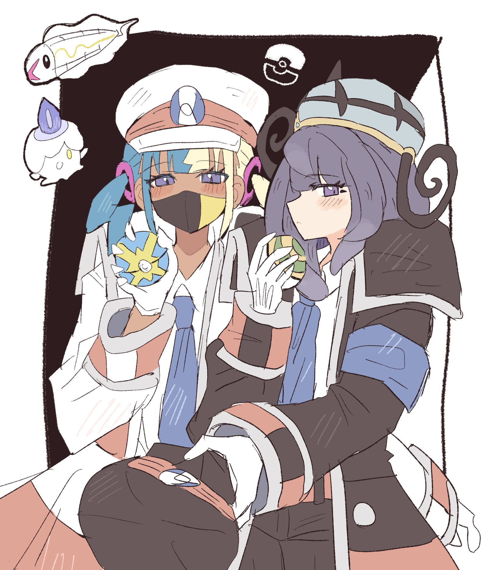 han0579, canari (pokemon), emmet (pokemon), gwynn (pokemon), ingo (pokemon), litwick, tynamo, nintendo, pokemon, pokemon bw, pokemon legends: z-a, bad id, bad pixiv id, highres, 2girls, black coat, black hat, blonde hair, blue hair, blush, coat, cosplay, dark-skinned female, dark skin, emmet (pokemon) (cosplay), eyelashes, gen 5 pokemon, gloves, hat, holding, holding poke ball, ingo (pokemon) (cosplay), long sleeves, looking at another, mask, mouth mask, multicolored hair, multiple girls, necktie, nest ball, poke ball, poke ball symbol, pokemon (creature), purple eyes, purple hair, quick ball, short hair, split-color hair, two-tone hair, unworn hat, unworn headwear, white coat, white gloves, white hat