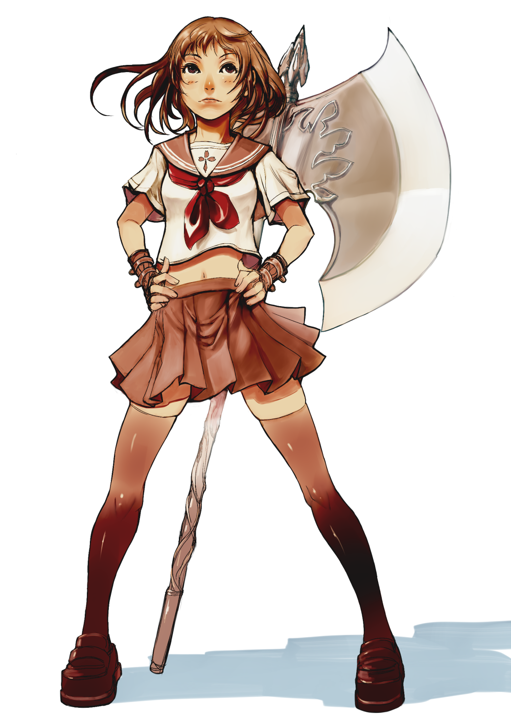 kansou samehada, original, bad id, bad pixiv id, highres, 1girl, axe, battle axe, brown eyes, brown hair, female focus, fingerless gloves, gloves, huge weapon, miniskirt, navel, pleated skirt, school uniform, serafuku, short hair, skirt, solo, standing, thighhighs, weapon, wristband, zettai ryouiki
