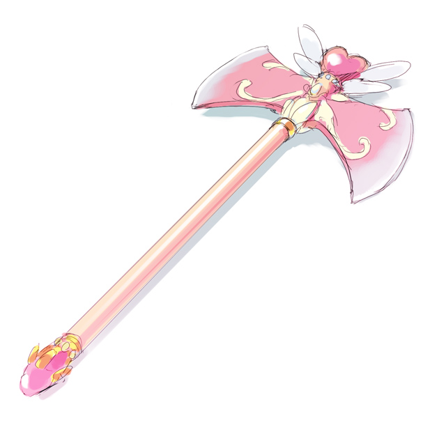 aquamary, original, axe, cute weapon, heart, no humans, parody, pink theme, simple background, sketch, still life, wand, weapon, weapon focus, white background, wings