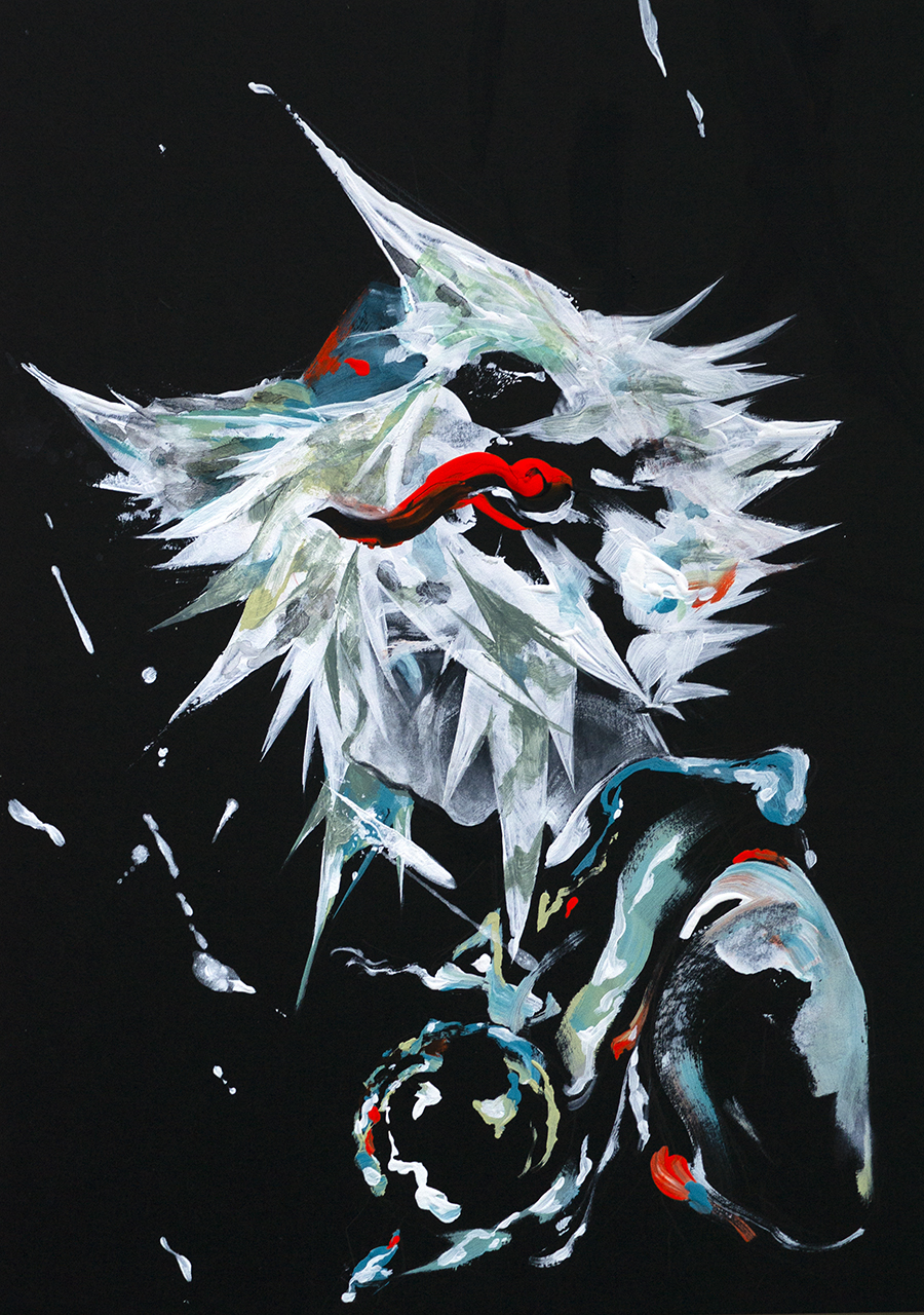 ikeda ruriko, inubashiri momiji, touhou, highres, 1girl, animal ears, black background, from side, hat, looking to the side, red hat, solo, spiked hair, tokin hat, white hair, wolf ears