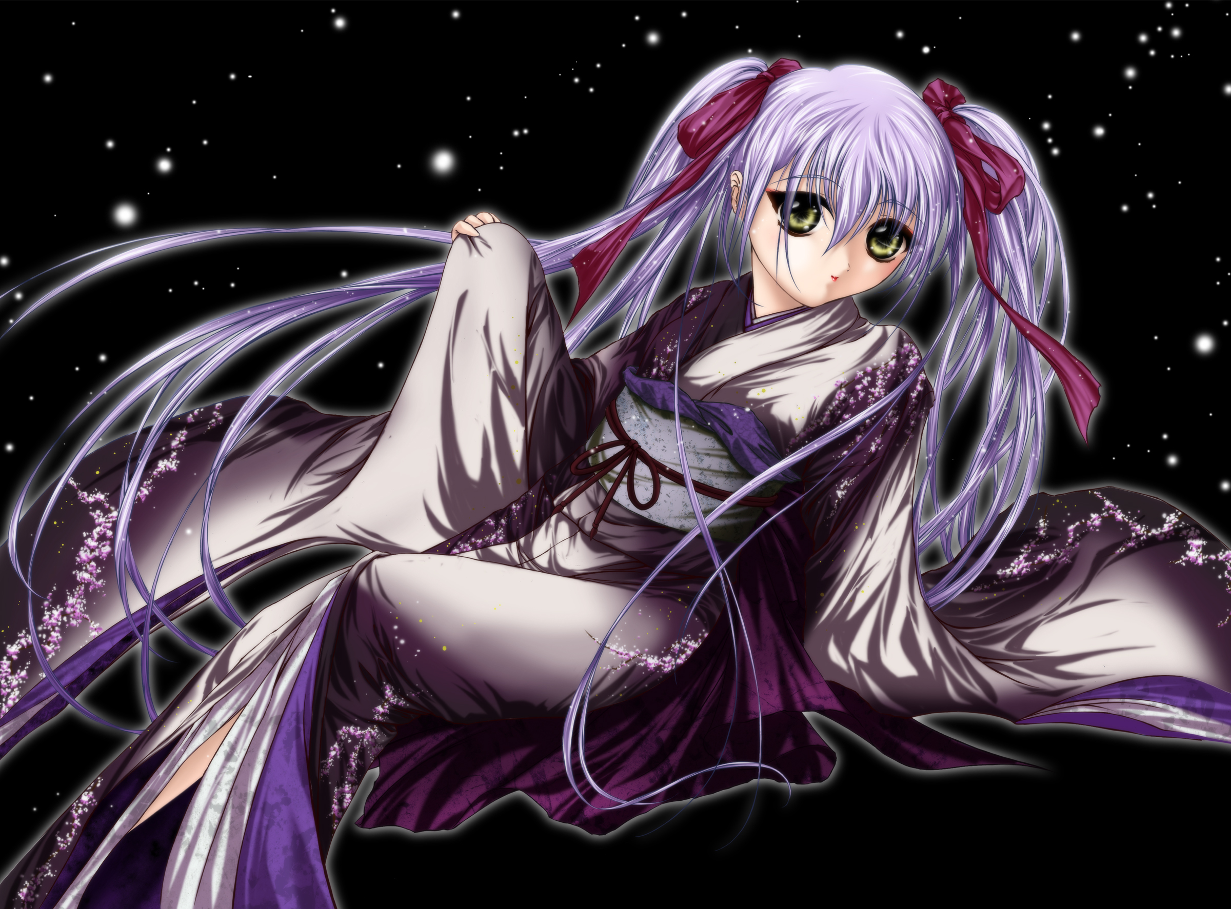 hoshino ruri, kidou senkan nadesico, highres, japanese clothes, kimono, long hair, purple hair, ribbon, solo, twintails, yellow eyes