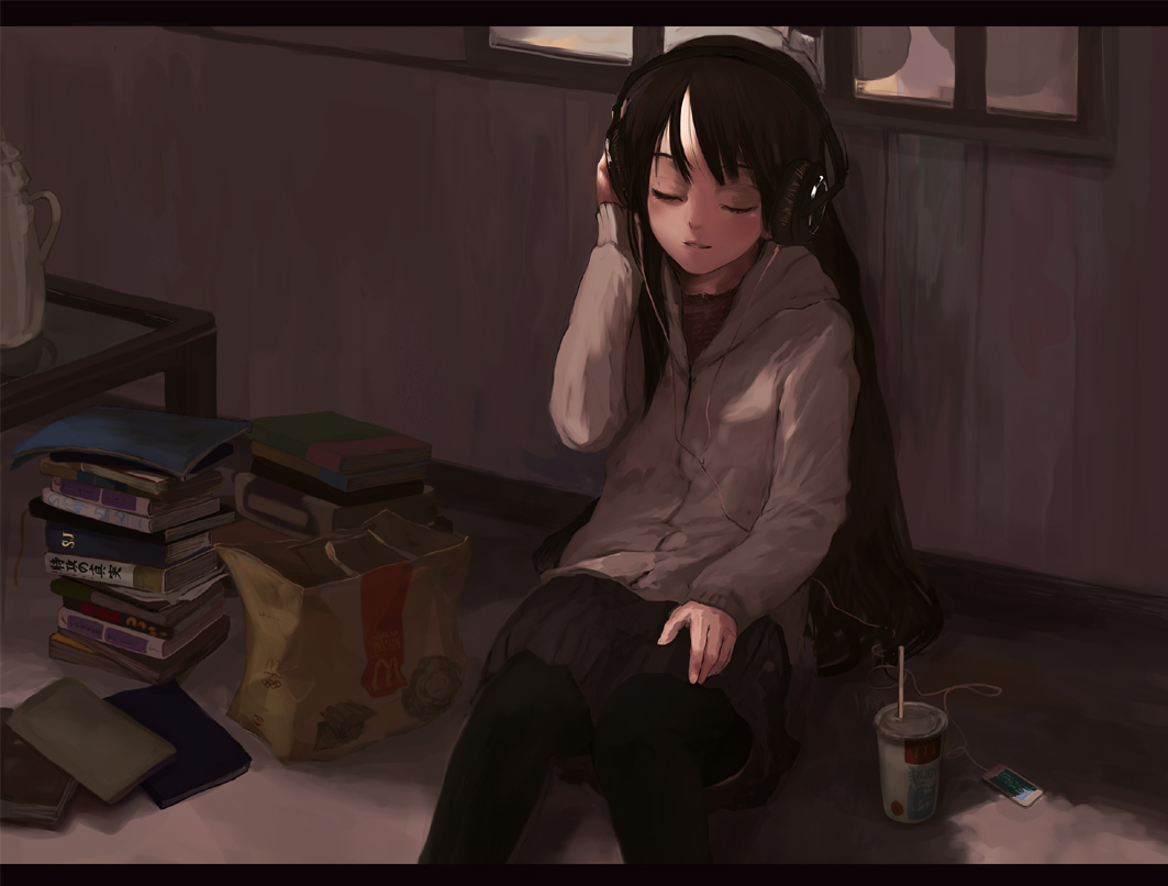 shirabi, mcdonald's, original, bad id, bad pixiv id, 1girl, black hair, book, brown hair, closed eyes, female focus, headphones, hood, hoodie, jacket, long hair, sitting, skirt, smile, solo, thighhighs