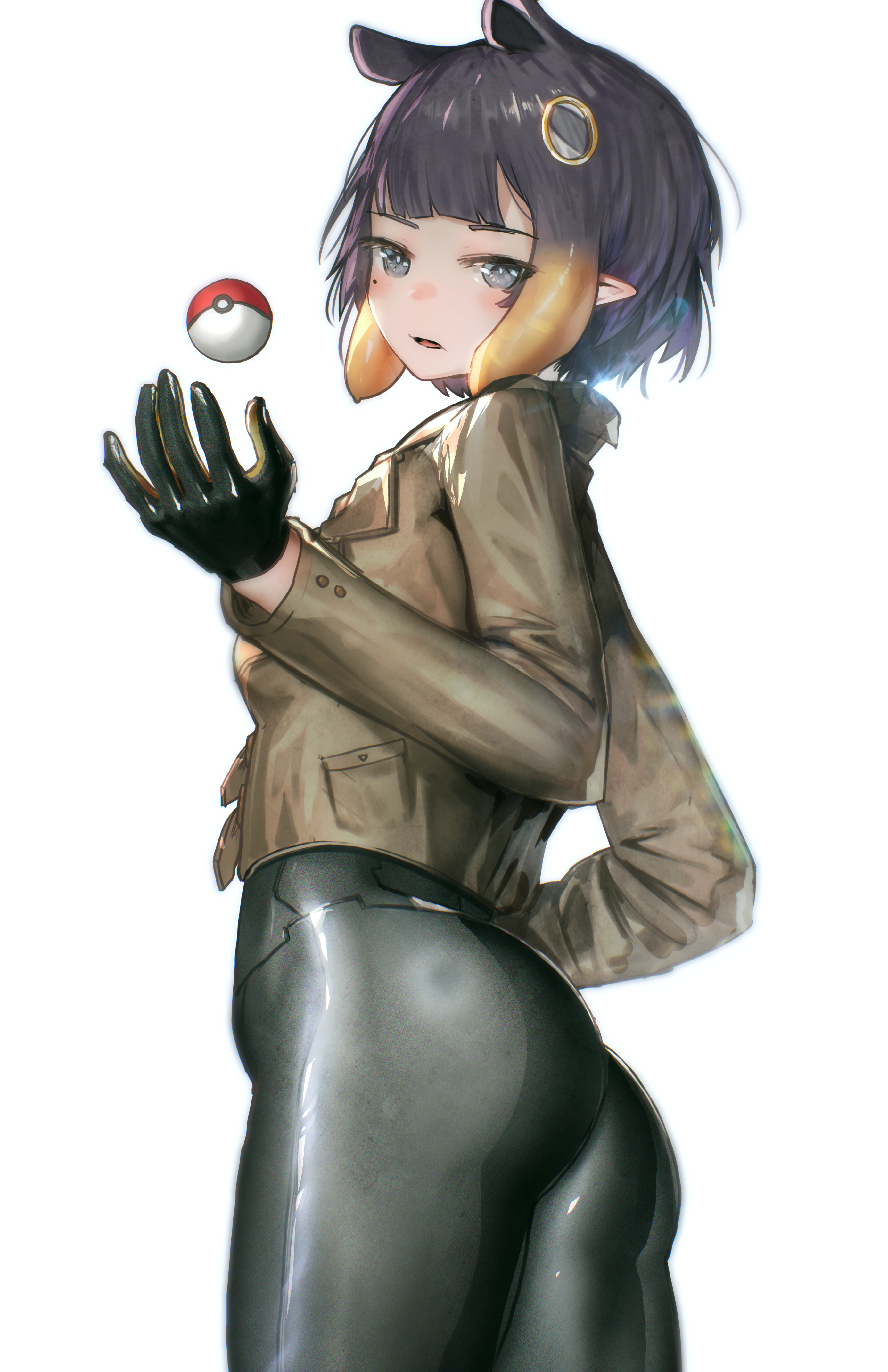 advarcher, emma (pokemon), ninomae ina'nis, hololive, hololive english, nintendo, pokemon, pokemon legends: z-a, absurdres, commentary, highres, 1girl, alternate costume, ass, black bodysuit, black gloves, blue eyes, blunt bangs, bodysuit, bodysuit under clothes, brown jacket, cosplay, cowboy shot, emma (pokemon) (cosplay), from side, gloves, gradient hair, hair ornament, jacket, looking at viewer, mole, mole under eye, multicolored hair, orange hair, parted lips, pointy ears, poke ball, poke ball (basic), purple hair, short hair, sidelocks, simple background, skin tight, solo, standing, tentacle hair, turning head, two-tone hair, virtual youtuber, white background