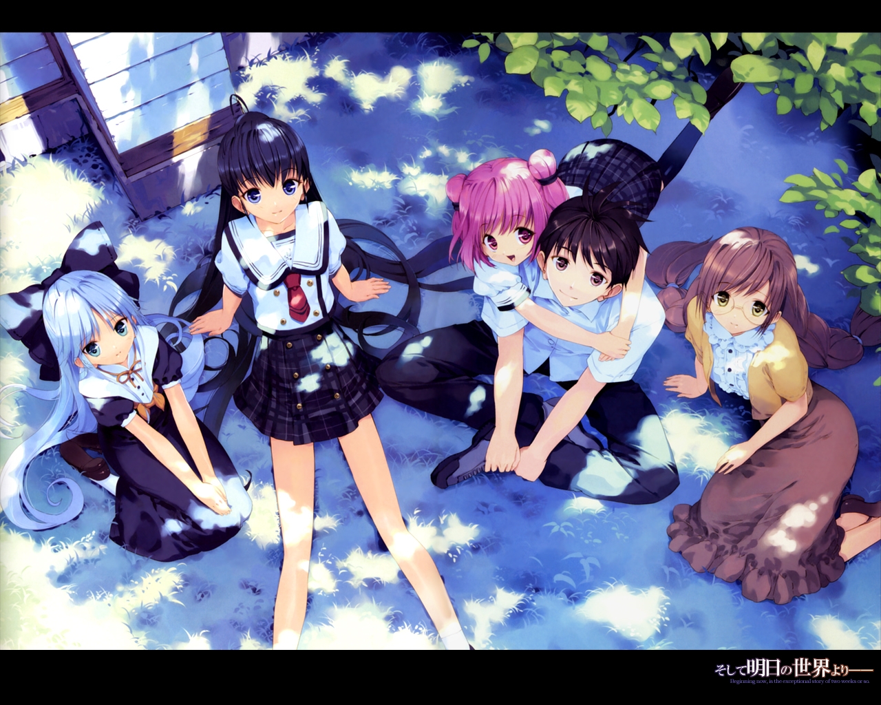 ueda ryou, hinata asahi, hinata yuuhi, itsuki aoba, mizumori minami, soshite ashita no sekai yori, 1boy, 4girls, black hair, blue eyes, blue hair, bow, braid, brown eyes, dappled sunlight, from above, glasses, hair bow, hug, hug from behind, indian style, letterboxed, long hair, multiple girls, necktie, pink eyes, pink hair, plaid clothes, plaid skirt, school uniform, short hair, sitting, skirt, sunlight, tree shade, twin braids, very long hair, yellow eyes, yokozuwari