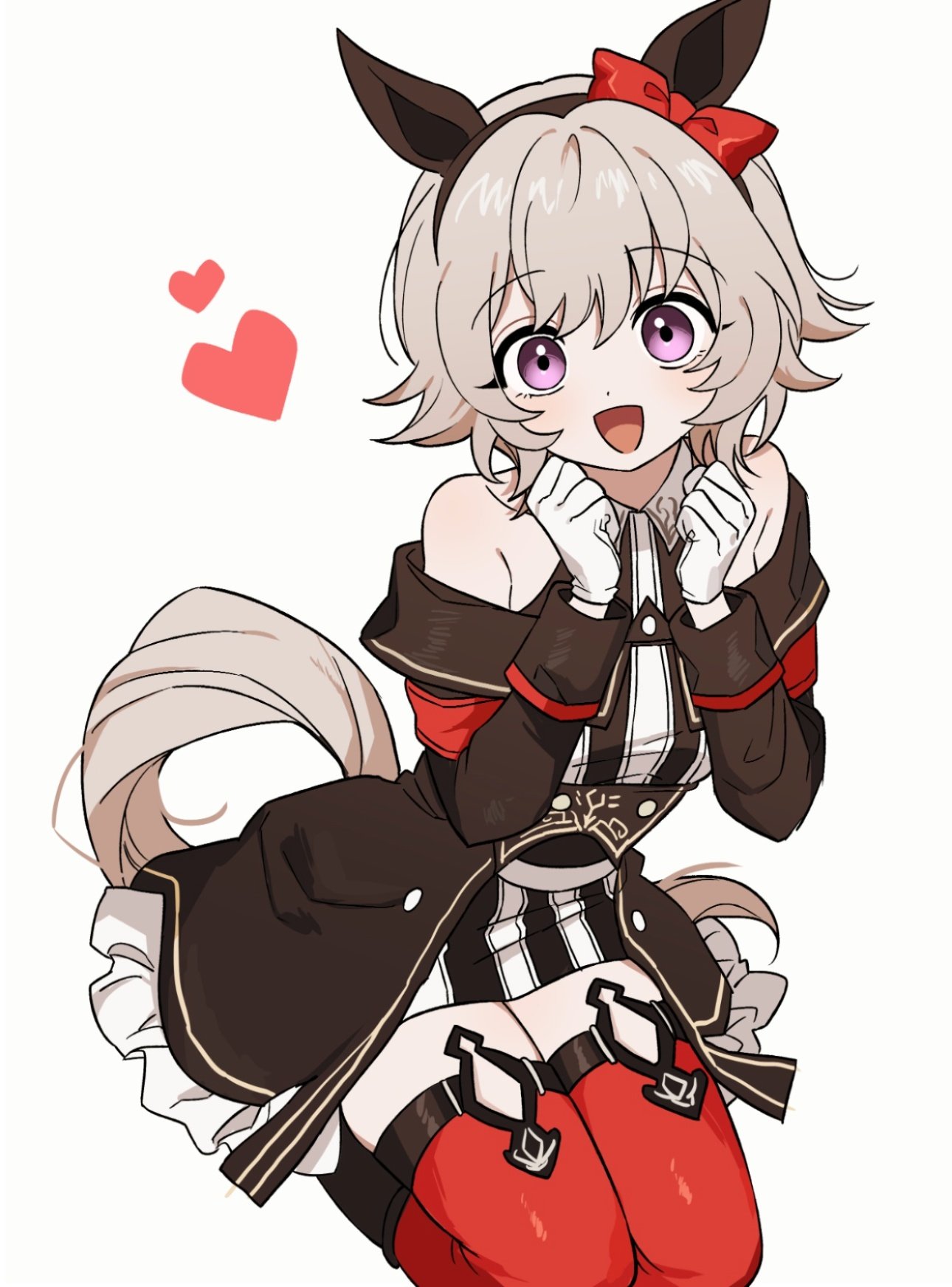 shiryoku kensa, curren chan (fille eclair) (umamusume), curren chan (umamusume), umamusume, highres, 1girl, animal ears, bare shoulders, blush, bow, breasts, coat, dress, ear bow, ear covers, gloves, grey hair, hair between eyes, heart, horse ears, horse girl, horse tail, long sleeves, looking at viewer, off-shoulder coat, off-shoulder dress, off-shoulder jacket, off shoulder, open mouth, purple eyes, red bow, red thighhighs, seiza, short hair, simple background, sitting, smile, solo, striped clothes, striped dress, tail, thighhighs, vertical-striped clothes, vertical-striped dress, white background, white gloves