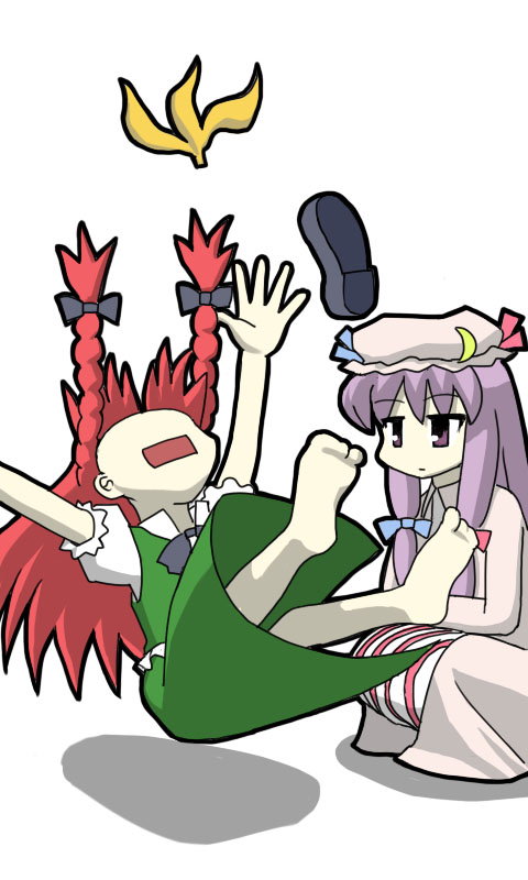 nyantalab, hong meiling, patchouli knowledge, immaterial and missing power, touhou, bad id, bad pixiv id, 2girls, banana peel, barefoot, chibi, china dress, chinese clothes, dress, falling, feet, female focus, hat, long hair, multiple girls, purple eyes, purple hair, red hair, simple background, tripping, white background