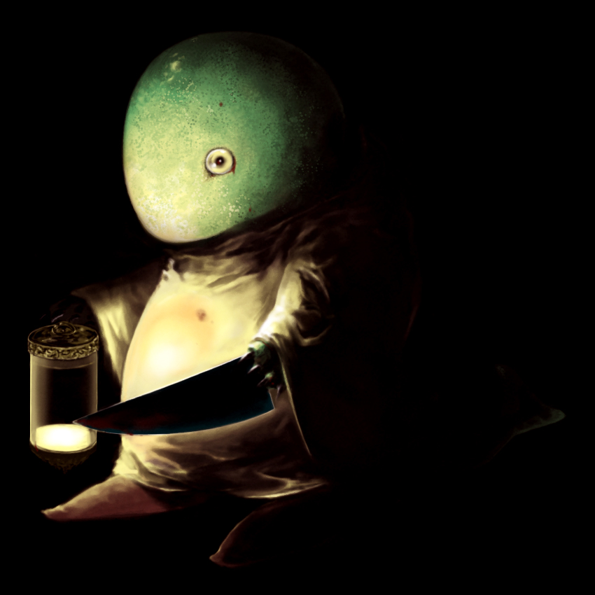 xilla, tonberry, final fantasy, bad id, bad pixiv id, creepy, dark, horror (theme), knife, lantern, no humans, solo