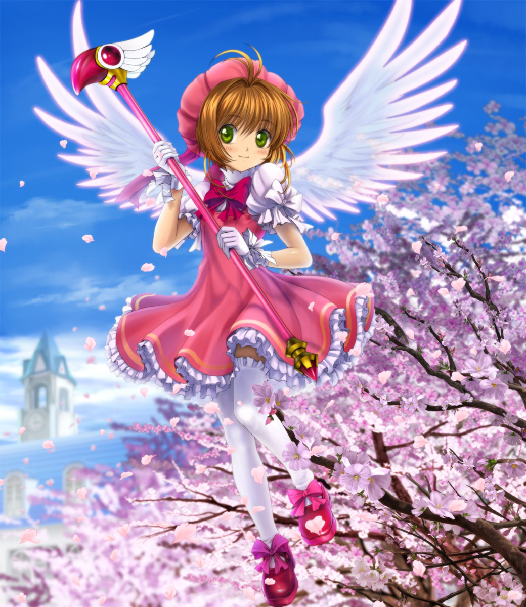mutsuki (moonknives), kinomoto sakura, kinomoto sakura (magician), cardcaptor sakura, kodansha, highres, 1990s (style), 1girl, antenna hair, blush, brown hair, cherry blossoms, child, female focus, flower, fuuin no tsue, green eyes, hat, magical girl, mary janes, petals, pink hat, retro artstyle, ribbon, shoes, short hair, solo, staff, thighhighs, wings