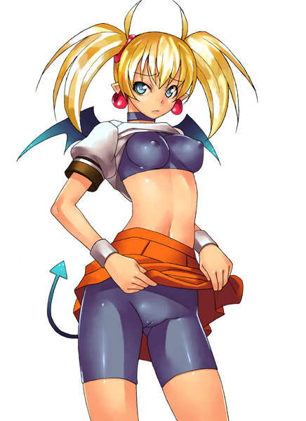 nakamura yukitoshi, lilica felchenerow, aq interactive, arcana heart, atlus, examu, bad id, bad pixiv id, 1girl, aqua eyes, bat wings, bike shorts, blonde hair, blue eyes, breasts, cameltoe, choker, clothes lift, covered erect nipples, demon girl, earrings, female focus, jewelry, medium breasts, midriff, miniskirt, navel, pointy ears, shiny skin, shirt lift, short hair, skin tight, skirt, solo, tail, twintails, wings