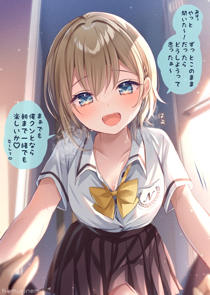 nemuri nemu, original, translation request, 1boy, 1girl, black skirt, blonde hair, blue eyes, blush, bow, breasts, collarbone, collared shirt, large breasts, looking at viewer, medium breasts, open mouth, pleated skirt, pov, school uniform, shirt, short sleeves, skirt, smile, solo focus, speech bubble, sweat, white shirt, yellow bow