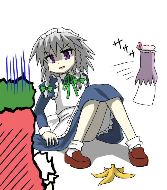 nyantalab, hong meiling, izayoi sakuya, patchouli knowledge, immaterial and missing power, touhou, silver hair, bad id, bad pixiv id, 3girls, banana peel, female focus, multiple girls, purple eyes, purple hair, red hair, scared
