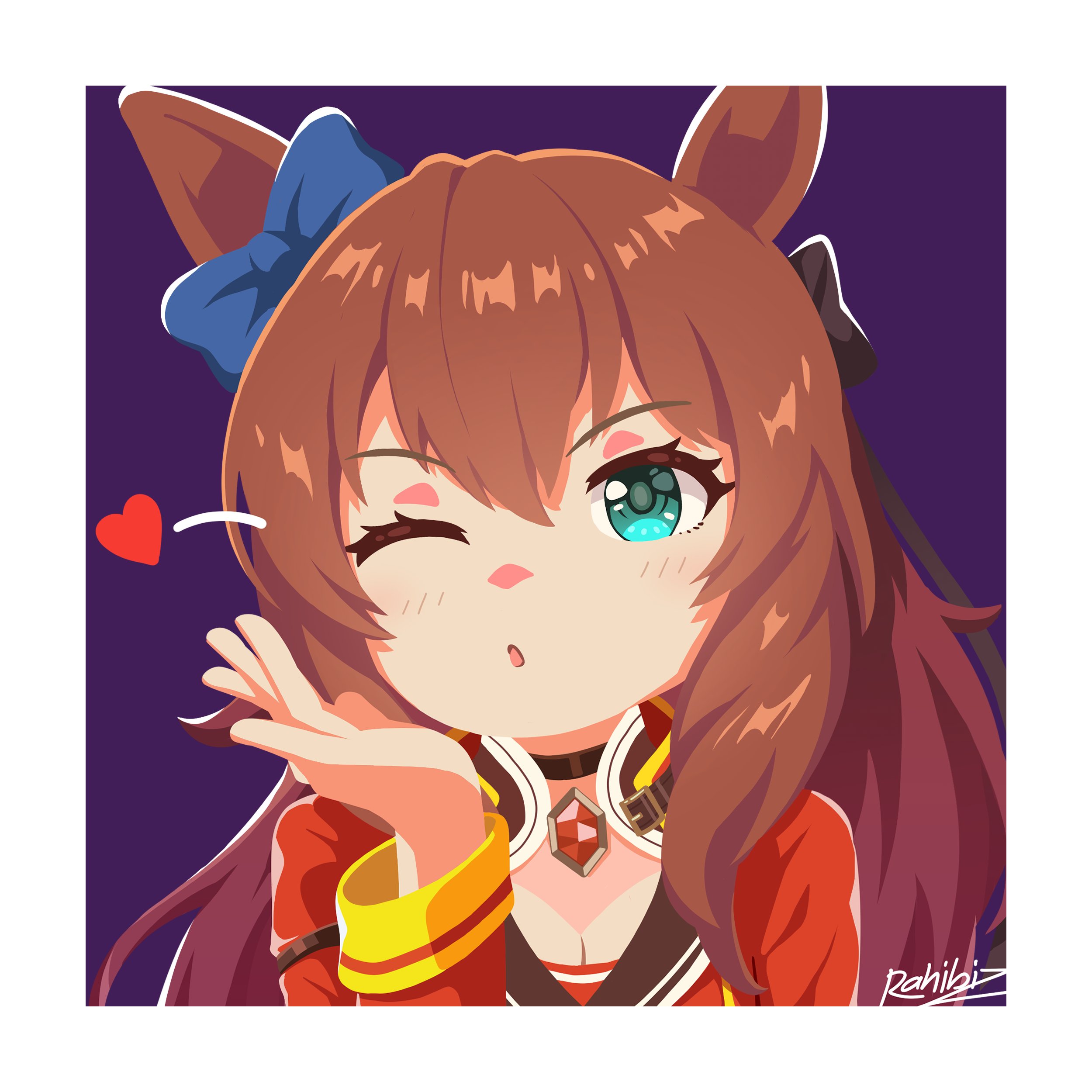 maruzensky (formula r) (umamusume), maruzensky (umamusume), umamusume, absurdres, highres, 1girl, animal ears, blowing kiss, blue eyes, blush, bow, breasts, brown hair, brown sailor collar, choker, cleavage, ear bow, green eyes, hair between eyes, heart, horse ears, horse girl, jacket, long hair, long sleeves, looking at viewer, one eye closed, parted lips, pendant choker, rahibizzz, red jacket, red serafuku, red shirt, sailor collar, school uniform, serafuku, shirt, simple background, solo, upper body