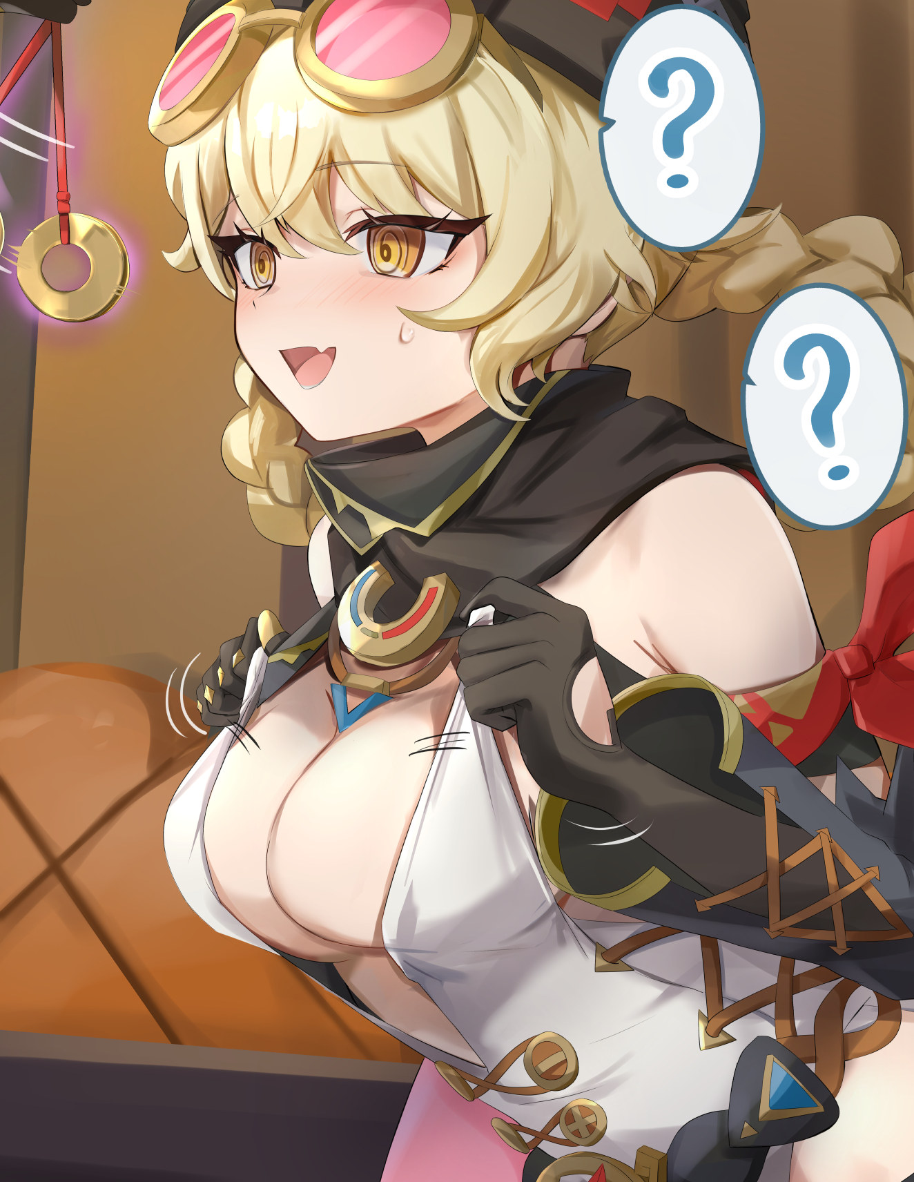 tomas (kaosu22), jahoda (genshin impact), genshin impact, commentary request, highres, paid reward available, 1girl, 1other, ?, @ @, bandana around arm, bare shoulders, black gloves, blonde hair, braid, braided hair rings, breasts, center opening, cleavage, clothing cutout, coin, coin on string, fang, glove cutout, gloves, goggles, goggles on head, hair rings, hypnosis, large breasts, leotard, lifting own clothes, long hair, mind control, open mouth, pink-tinted eyewear, skin fang, solo focus, speech bubble, spoken question mark, sweat, tinted eyewear, upper body, white leotard, yellow eyes