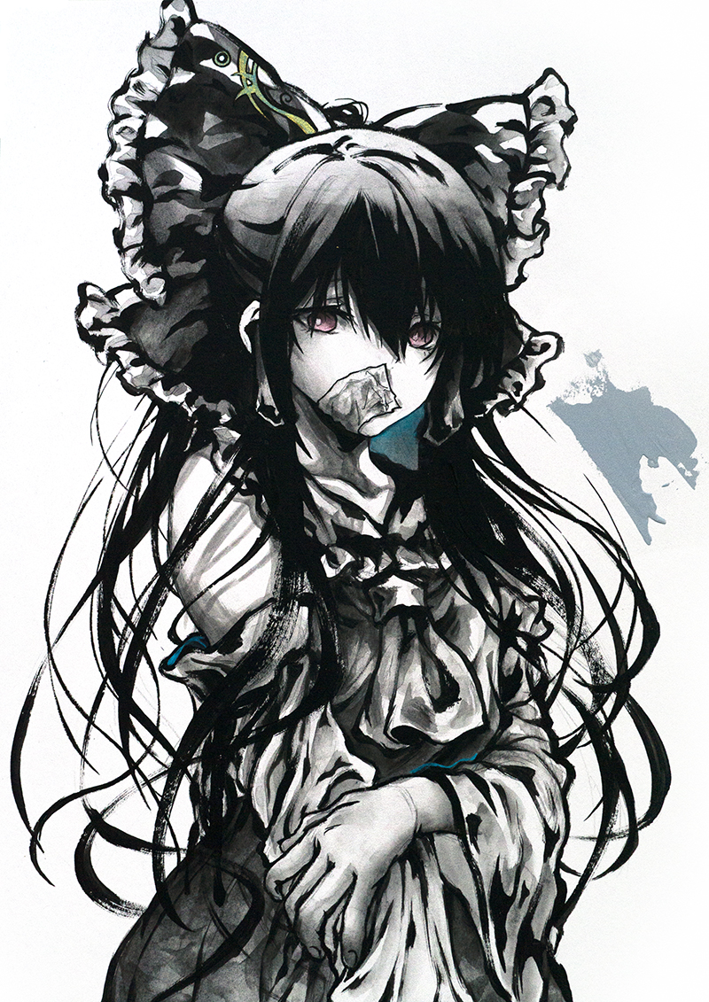 ikeda ruriko, hakurei reimu, touhou, traditional media, 1girl, ascot, black hair, brown eyes, looking at viewer, solo, spot color, upper body, white background