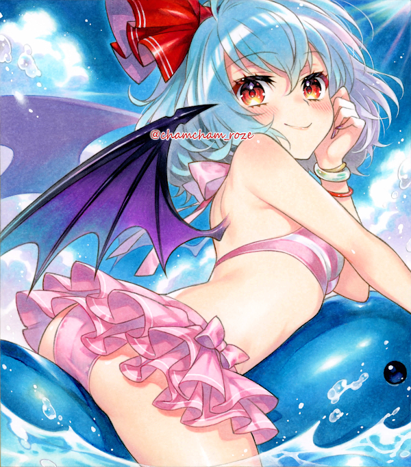 chacham, remilia scarlet, touhou, commentary request, marker (medium), traditional media, 1girl, ass, bare shoulders, bat wings, bikini, black wings, blue hair, blush, breasts, hair ribbon, looking at viewer, pink bikini, red eyes, red ribbon, ribbon, short hair, small breasts, smile, solo, sunlight, swimsuit, twitter username, wings