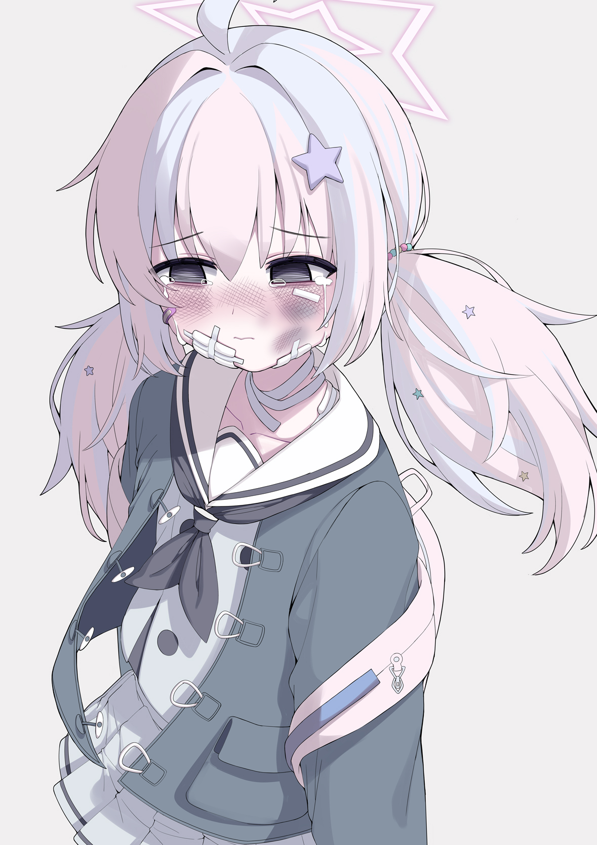 metaljelly, reisa (blue archive), blue archive, highres, 1girl, ahoge, bandaid, blush, hair ornament, halo, jacket, multicolored hair, neckerchief, pink hair, sailor collar, school uniform, simple background, skirt, solo, star (symbol), star hair ornament, twintails, white sailor collar