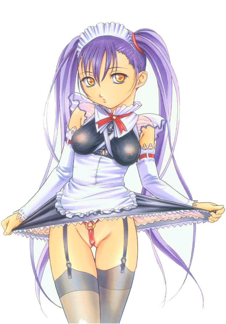 nishitsuki tsutomu, hoshino ruri, kidou senkan nadesico, 1girl, bdsm, breasts, clothes lift, detached sleeves, elbow gloves, exhibitionism, female focus, frills, garter belt, garter straps, gloves, hair rings, large breasts, long hair, looking at viewer, maid, narrow waist, nipples, no panties, orange eyes, public indecency, purple hair, pussy, see-through clothes, skirt, skirt lift, solo, thigh gap, thighhighs, thighs, twintails, uncensored, very long hair, wedgie