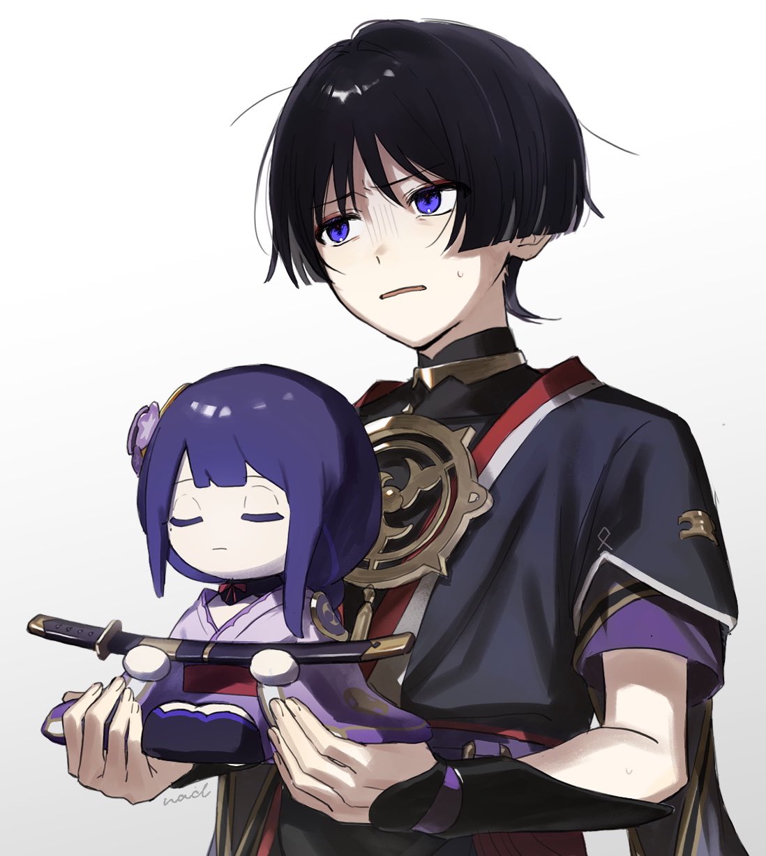 nacl5844277, raiden shogun, scaramouche (genshin impact), genshin impact, highres, source request, 1boy, annoyed, artist name, black hair, character doll, closed eyes, closed mouth, doll, eyeliner, from side, gradient background, grey background, hair between eyes, hat, holding, holding toy, japanese clothes, looking to the side, makeup, messy hair, official alternate costume, open mouth, purple eyes, red eyeliner, shade, shaded face, short hair, short sleeves, solo, standing, statue of her excellency (genshin impact), sweatdrop, toy, upper body