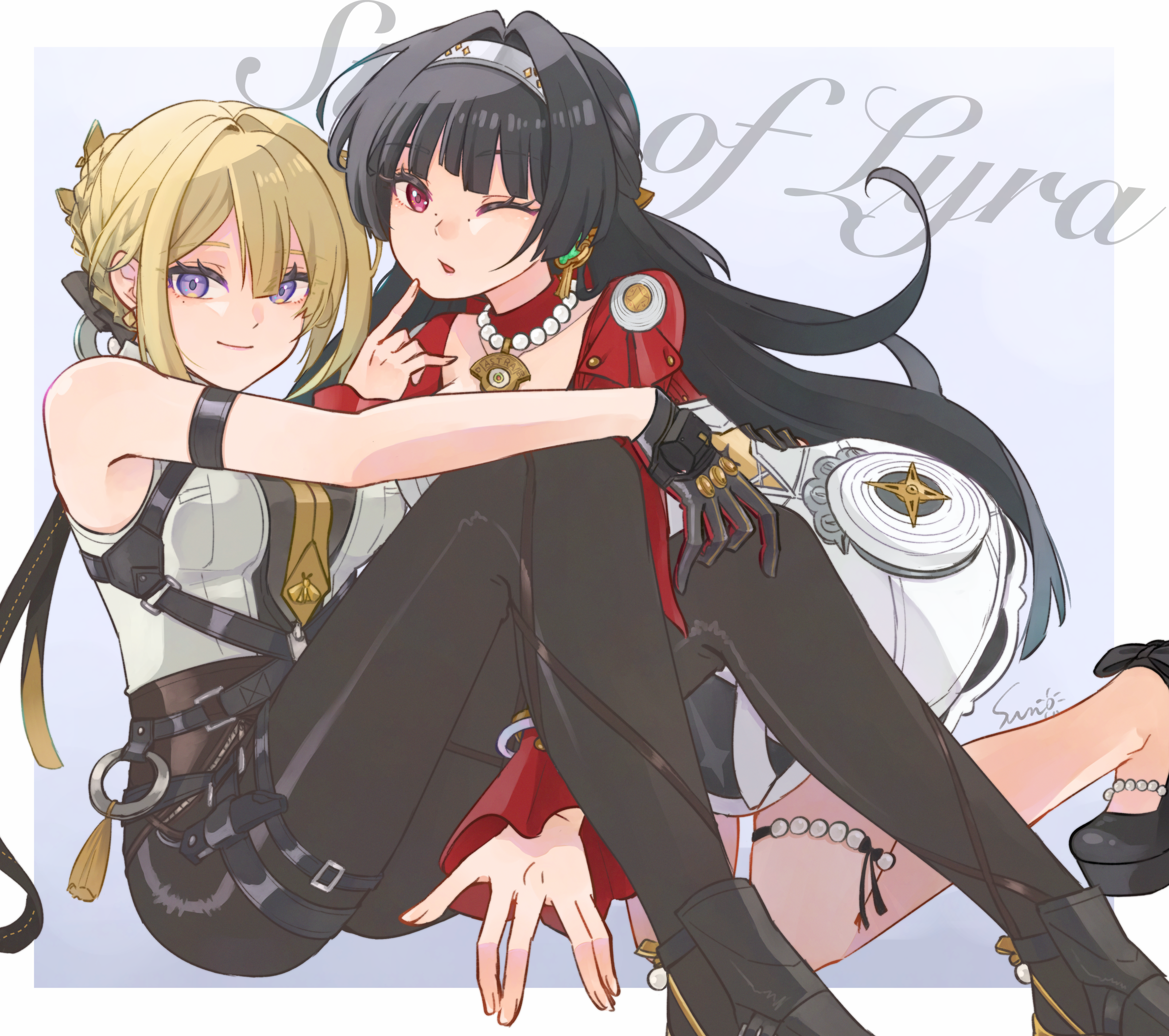 sun (knp ta1y0), astra yao, evelyn chevalier, zenless zone zero, highres, 2girls, arm strap, black gloves, black hair, blonde hair, blunt bangs, gloves, hairband, long hair, looking at viewer, multiple girls, one eye closed, purple eyes, red eyes, sitting, white hairband