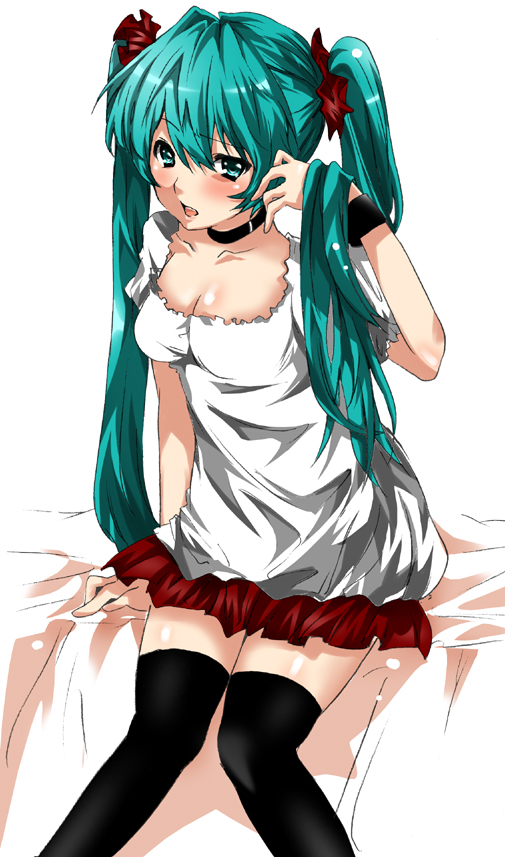 shouno kotarou, hatsune miku, vocaloid, world is mine (vocaloid), bad id, bad pixiv id, aqua eyes, aqua hair, blush, choker, dress, hair ornament, hair ribbon, long hair, miniskirt, ribbon, shirt, sitting, skirt, solo, thighhighs, twintails, very long hair, wristband, zettai ryouiki