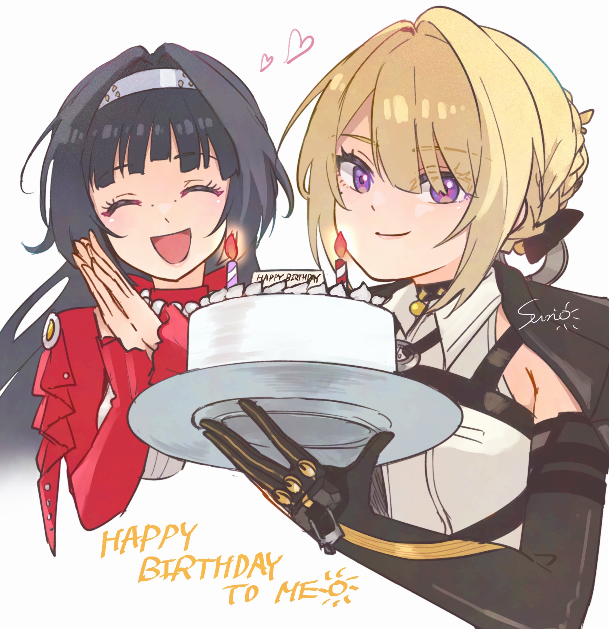 sun (knp ta1y0), astra yao, evelyn chevalier, zenless zone zero, highres, 2girls, artist name, black gloves, black hair, blonde hair, blunt bangs, breasts, cake, closed eyes, food, gloves, happy birthday, holding, holding cake, holding food, looking at viewer, multiple girls, purple eyes, smile, white background