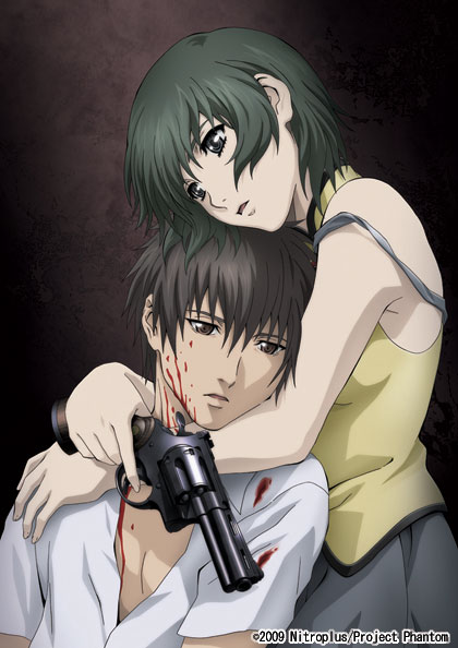 ein (phantom of inferno), zwei (phantom of inferno), nitroplus, phantom of inferno, requiem for the phantom, non-web source, 1boy, 1girl, bare shoulders, black eyes, black hair, blood, bra strap, brown eyes, brown hair, green hair, gun, halterneck, handgun, hug, pistol, revolver, short hair, skirt, strap slip, weapon