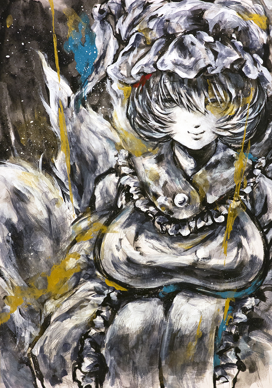 ikeda ruriko, yakumo ran, touhou, highres, traditional media, 1girl, black background, black outline, hat, looking at viewer, medium hair, mob cap, outline, solo, straight-on, wide sleeves