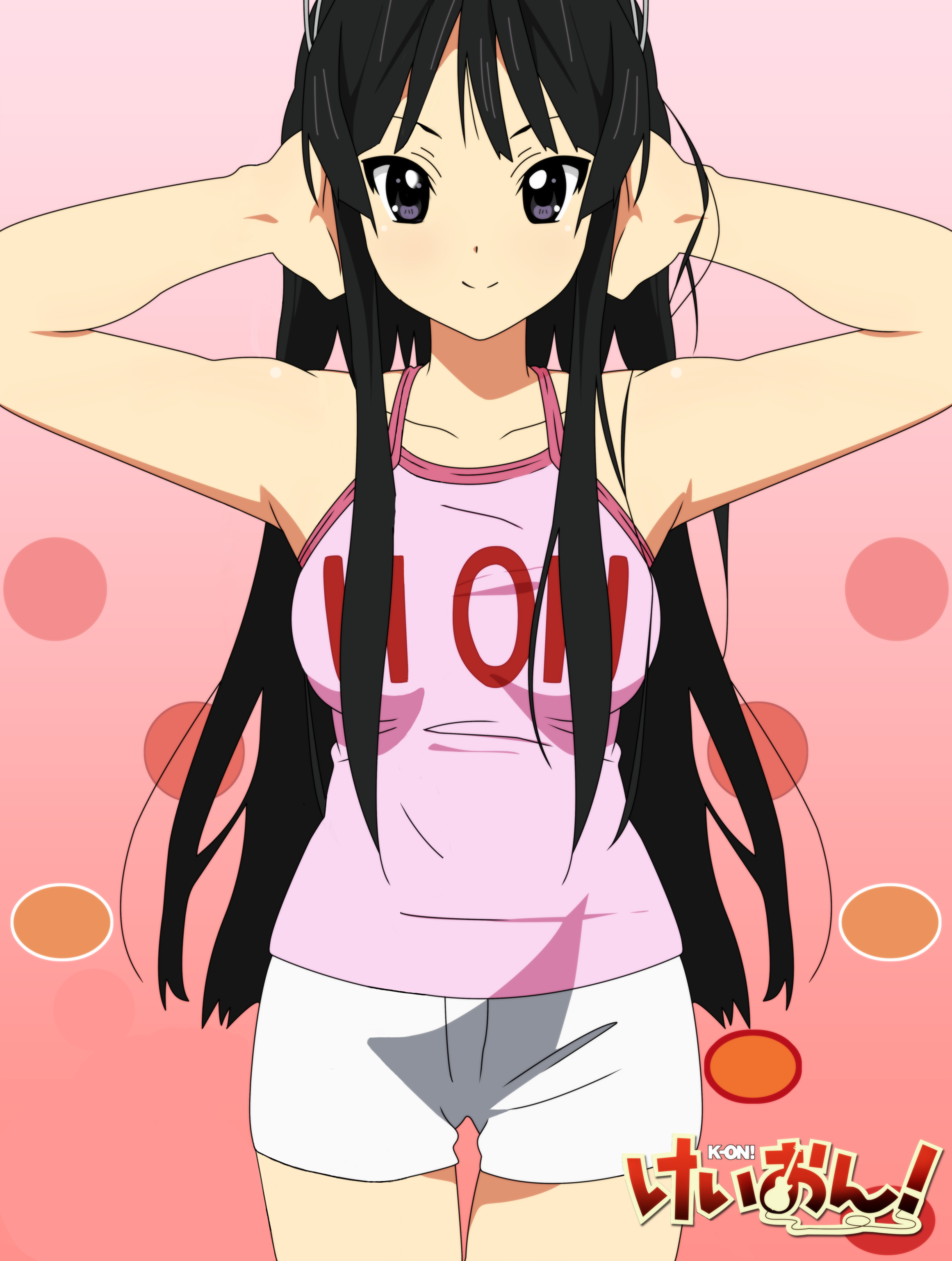 akiyama mio, k-on!, absurdres, highres, 00s, 1girl, black eyes, black hair, breasts, female focus, headphones, long hair, short shorts, shorts, solo