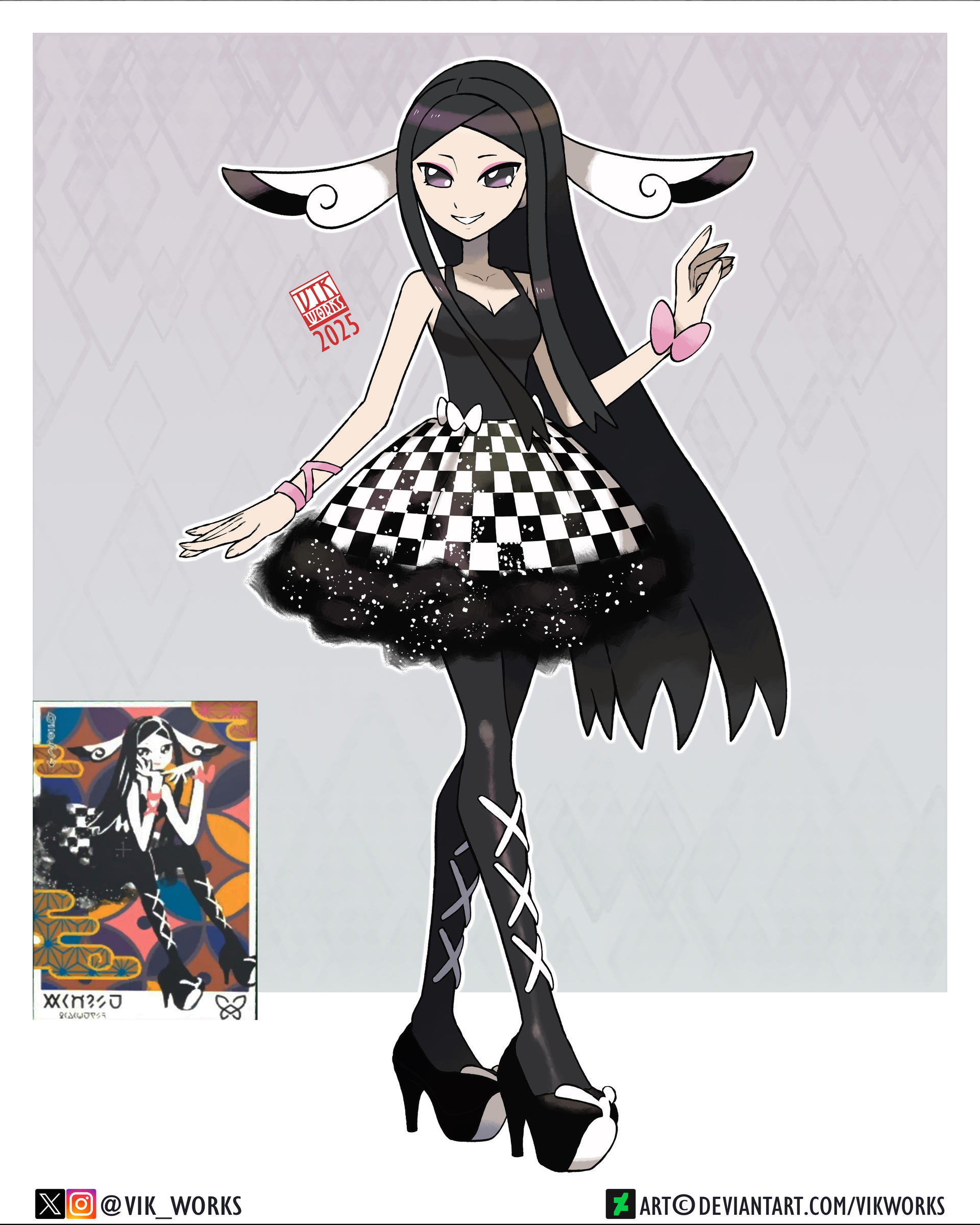 vikthor01, valerie (pokemon), nintendo, pokemon, pokemon legends: z-a, pokemon xy, absurdres, commentary, highres, 1girl, artist name, black hair, black pantyhose, black shirt, black shoes, black tank top, border, breasts, checkered clothes, checkered skirt, cleavage, collarbone, dated, deviantart logo, deviantart username, eyelashes, fingernails, full body, game screenshot inset, high heels, instagram logo, instagram username, long hair, official alternate costume, official style, outline, pantyhose, parody, platform heels, purple eyes, reference inset, shirt, shoes, skirt, smile, solo, style parody, tank top, twitter username, twitter x logo, watermark, web address, white border, white outline