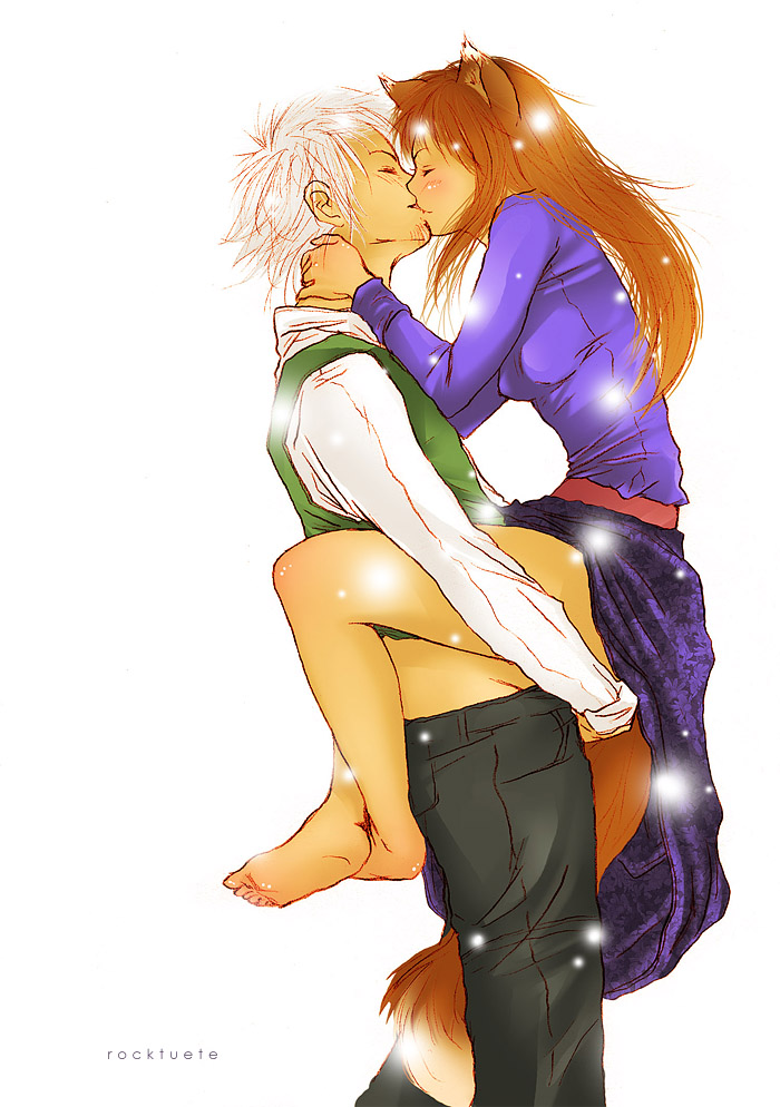 rocktuete, craft lawrence, holo, spice and wolf, silver hair, bad deviantart id, bad id, 00s, 1boy, 1girl, animal ears, artist name, barefoot, carrying, closed eyes, clothed sex, couple, feet, from side, happy sex, held up, hetero, kiss, leg lock, long hair, red hair, sex, signature, simple background, soles, straddling, suspended congress, tail, toes, upright straddle, white background, wolf ears, wolf tail