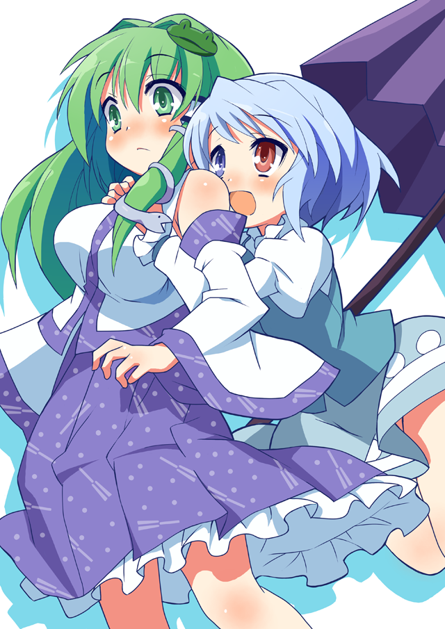 9law, kochiya sanae, tatara kogasa, touhou, bad id, bad pixiv id, 2girls, :d, blue eyes, blue hair, blush, detached sleeves, female focus, frog, green eyes, green hair, heterochromia, hug, hug from behind, multiple girls, oil-paper umbrella, open mouth, red eyes, short hair, smile, snake, surprised, umbrella
