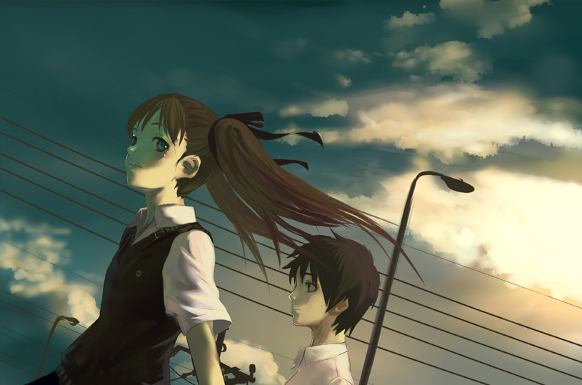 shirabi, original, bad id, bad pixiv id, 1boy, 1girl, black hair, brown hair, cloud, dutch angle, hair ribbon, power lines, ribbon, school uniform, sky, twintails