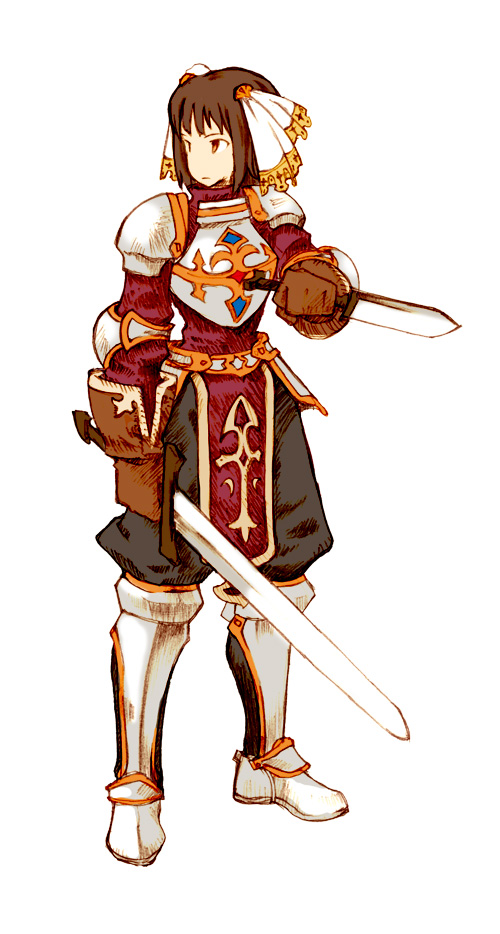 zearthp, amami haruka, white knight (fft), final fantasy, final fantasy tactics, idolmaster, idolmaster (classic), 1girl, armor, brown hair, dagger, dual wielding, female focus, gloves, hair ribbon, holding, knife, parody, ribbon, solo, sword, weapon
