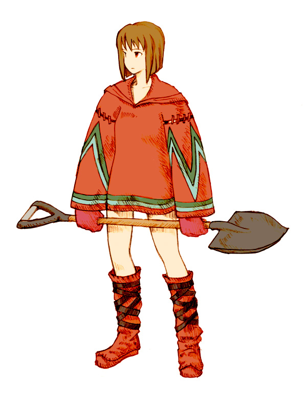 zearthp, geomancer (fft), hagiwara yukiho, final fantasy, final fantasy tactics, idolmaster, idolmaster (classic), 1girl, boots, brown hair, female focus, full body, gloves, knee boots, no nose, parody, short hair, shovel, simple background, solo, worktool