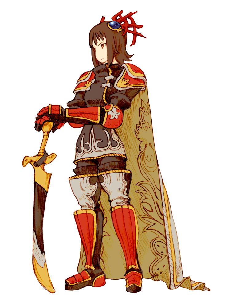 zearthp, amami haruka, dark haruka, dark knight (fft), dark knight (final fantasy), final fantasy, final fantasy tactics, idolmaster, idolmaster (classic), idolmaster 1, 1girl, armor, brown hair, cape, dark knight, female focus, parody, red eyes, sheath, sheathed, short hair, simple background, solo, style parody, sword, weapon