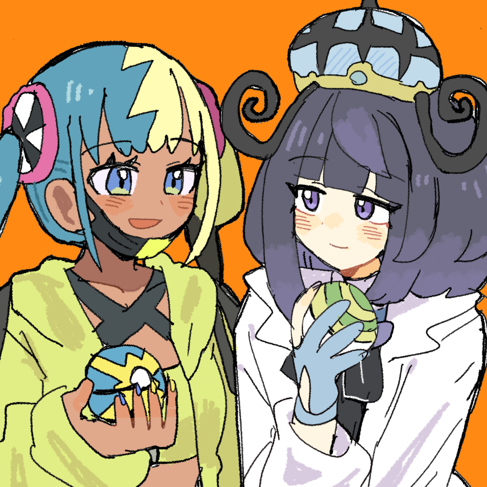 han0579, canari (pokemon), gwynn (pokemon), nintendo, pokemon, pokemon legends: z-a, bad id, bad pixiv id, highres, 2girls, :d, black dress, blonde hair, blue eyes, blue gloves, blue hair, blue nails, blunt bangs, blush, bob cut, closed mouth, coat, crop top, cropped jacket, dark-skinned female, dark skin, dress, gloves, hat, holding, holding poke ball, jacket, long sleeves, looking at another, multicolored hair, multicolored nails, multiple girls, nest ball, open clothes, open coat, open mouth, orange background, partially fingerless gloves, poke ball, purple eyes, purple hair, quick ball, short hair, smile, split-color hair, twintails, two-tone hair, two-tone nails, upper body, white coat, yellow jacket, yellow nails