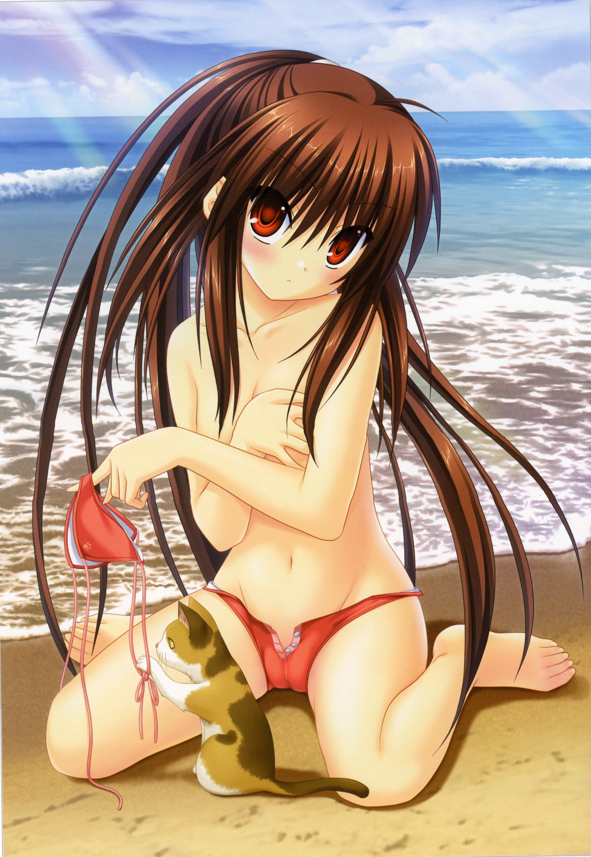 na-ga, natsume rin, little busters!, breast hold, absurdres, highres, official art, 1girl, barefoot, beach, bikini, blush, breasts, brown hair, calico (pattern), cameltoe, cat, covering breasts, covering privates, day, feet, female focus, head tilt, long hair, navel, ocean, orange bikini, outdoors, ponytail, red eyes, small breasts, solo, swimsuit, toes, topfreedom, topless female, unworn bikini top, very long hair, water