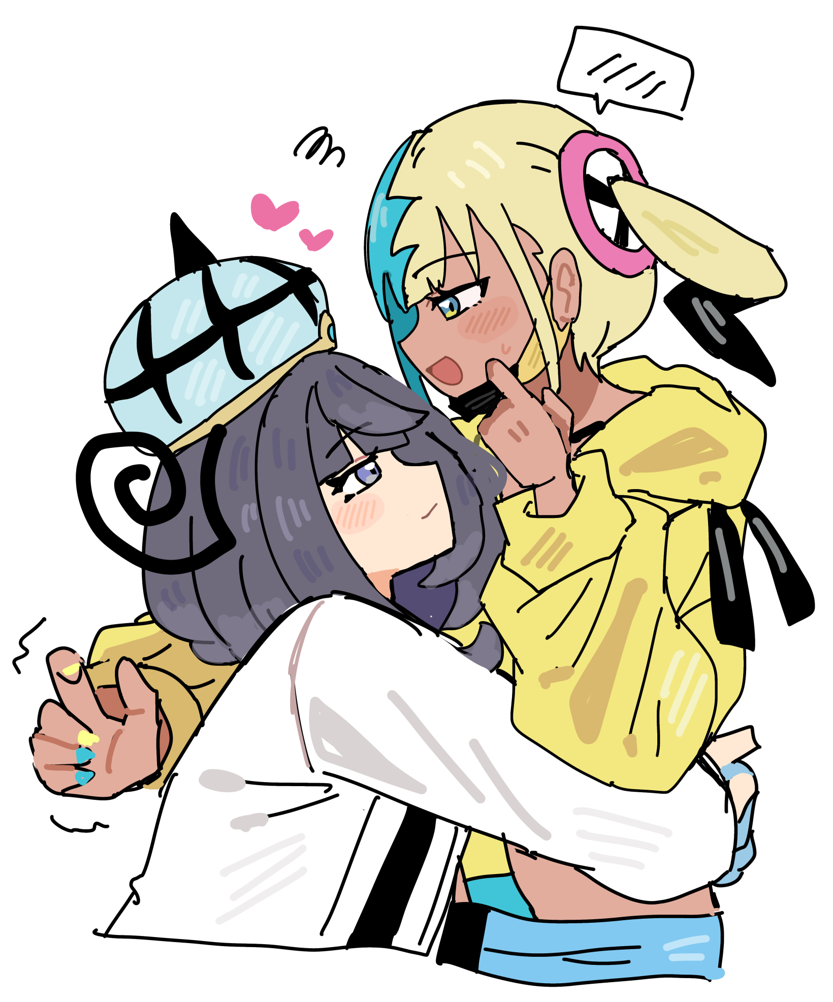 han0579, canari (pokemon), gwynn (pokemon), nintendo, pokemon, pokemon legends: z-a, bad id, bad pixiv id, highres, 2girls, blonde hair, blue eyes, blue hair, blush, closed mouth, coat, dark-skinned female, dark skin, from side, hat, heart, hug, jacket, long sleeves, looking at another, mask pull, multicolored hair, multicolored nails, multiple girls, open mouth, purple eyes, purple hair, split-color hair, spoken blush, two-tone hair, two-tone nails, upper body, white background, white coat, yellow jacket, yuri
