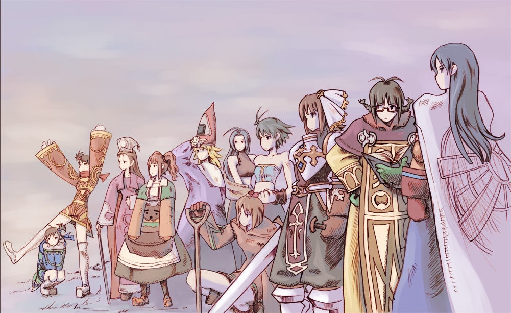 zearthp, akizuki ritsuko, amami haruka, arithmetician (fft), chemist (fft), dancer (fft), futami ami, futami mami, geomancer (fft), hagiwara yukiho, hoshii miki, kikuchi makoto, kisaragi chihaya, knight (fft), mime (fft), minase iori, miura azusa, monk (fft), orator (fft), takatsuki yayoi, time mage, time mage (fft), white knight (fft), final fantasy, final fantasy tactics, idolmaster, idolmaster (classic), idolmaster 1, 6+girls, ahoge, antenna hair, armor, black hair, blonde hair, blue hair, boots, braid, brown hair, cape, glasses, gloves, hair ribbon, hat, knee boots, multiple girls, parody, ribbon, rope, shovel, siblings, sisters, standing, style parody, sword, twin braids, twins, twintails, weapon, wizard hat, worktool
