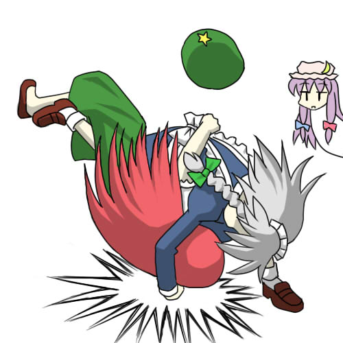 nyantalab, hong meiling, izayoi sakuya, patchouli knowledge, immaterial and missing power, touhou, silver hair, bad id, bad pixiv id, lowres, 3girls, braid, china dress, chinese clothes, dress, female focus, hat, multiple girls, purple hair, red hair, twin braids, violence
