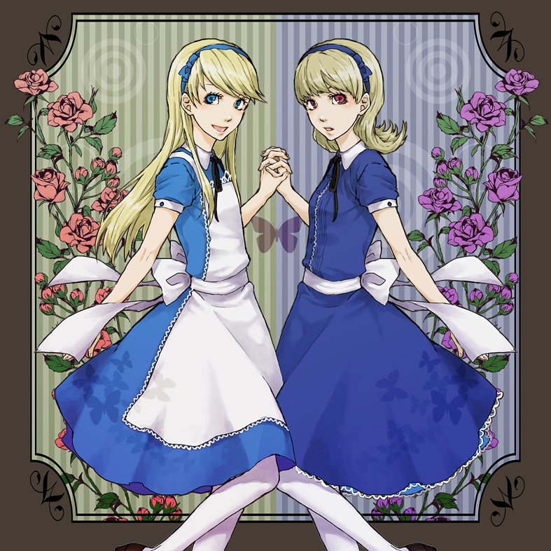 umechiui, alice (alice in wonderland), alice (megami tensei), kuma (persona 4), alice's adventures in wonderland, atlus, persona, persona 4, alice (alice in wonderland) (cosplay), cosplay, flower, pantyhose, trap, white pantyhose
