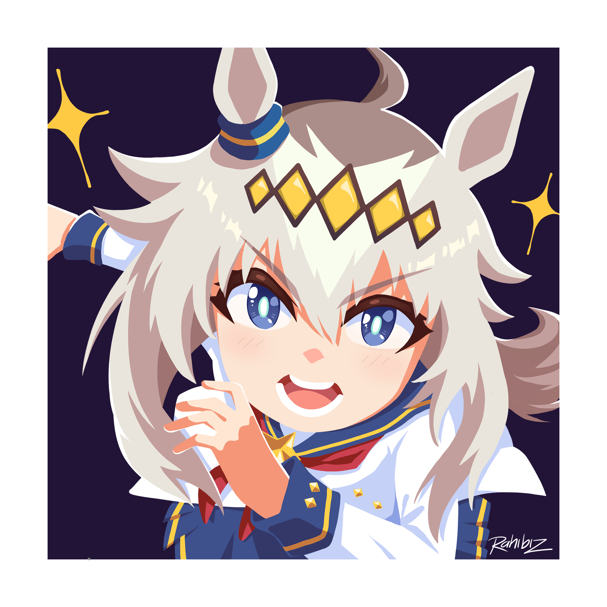 oguri cap (starlight beat) (umamusume), oguri cap (umamusume), umamusume, absurdres, highres, 1girl, ahoge, animal ears, blue eyes, blue sailor collar, blue skirt, blush, brooch, diamond hairband, ear ornament, grey hair, hair between eyes, hairband, horse ears, horse girl, jacket, jewelry, long hair, long sleeves, looking at viewer, multicolored hair, neckerchief, open mouth, rahibizzz, red neckerchief, sailor collar, shirt, simple background, skirt, solo, star (symbol), star brooch, teeth, white jacket, white shirt