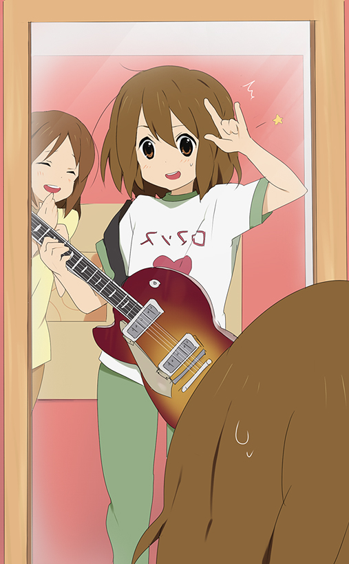 kl (dgzonbi), hirasawa ui, hirasawa yui, k-on!, macross, macross frontier, bad id, bad pixiv id, translated, 2girls, brown eyes, brown hair, casual, guitar, instrument, m/, messy hair, mirror, multiple girls, parody, reflection, seikan hikou, short hair, siblings, sisters