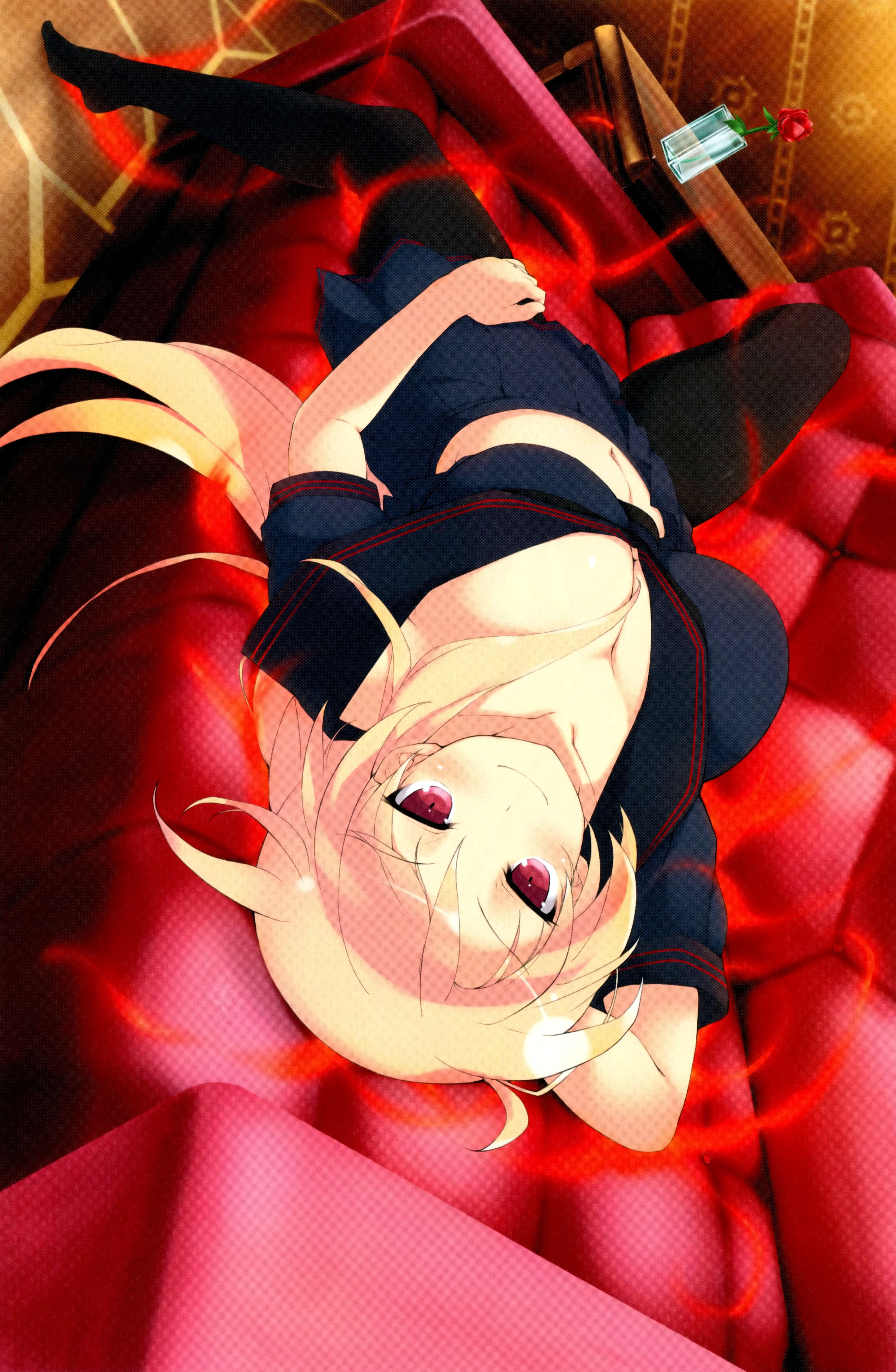 souji (senran kagura), senran kagura, senran kagura new wave, absurdres, highres, magazine scan, non-web source, official art, scan, aura, black pantyhose, black serafuku, blonde hair, blush, breasts, cleavage, couch, crop top, hebijo academy school uniform, indoors, large breasts, looking at viewer, looking back, lying, navel, official alternate costume, on back, on couch, pantyhose, red eyes, school uniform, serafuku, smile