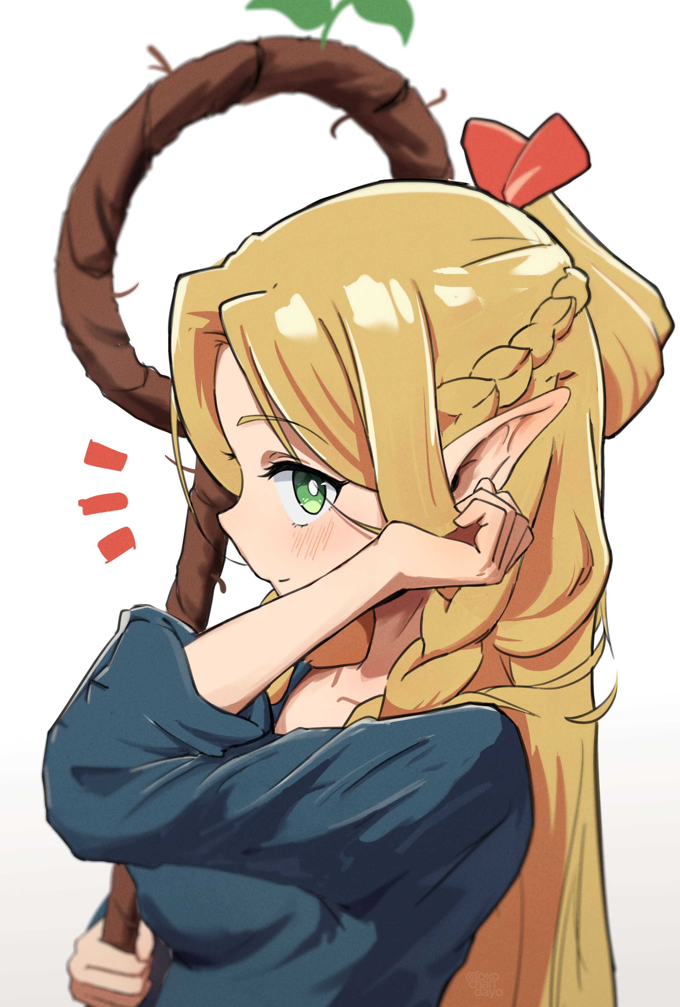 rokochandayo, marcille donato, dungeon meshi, absurdres, commentary request, highres, 1girl, blonde hair, blue shirt, blush, bow, braid, bright pupils, closed mouth, elf, from side, green eyes, hair bow, half up braid, hand up, holding, holding staff, long hair, long sleeves, mage staff, notice lines, pointy ears, profile, red bow, shirt, side braid, sidelocks, simple background, solo, staff, straight hair, upper body, white background, white pupils