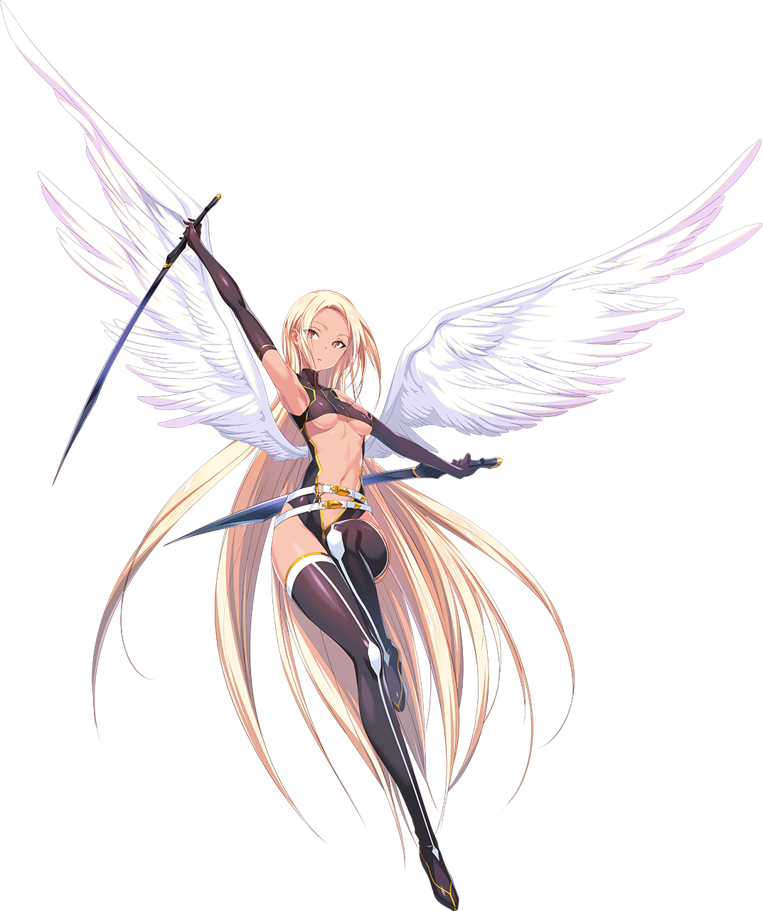 kawagishi keitarou, choukou (alicesoft), choukou taisen escalation heroines, highres, official art, 1girl, angel, angel wings, black gloves, boots, breasts, brown eyes, clothing cutout, dark-skinned female, dark skin, dual wielding, full body, gloves, hadal (escalation heroines), holding, holding sword, holding weapon, long hair, looking to the side, medium breasts, navel, sword, thigh boots, weapon, wings