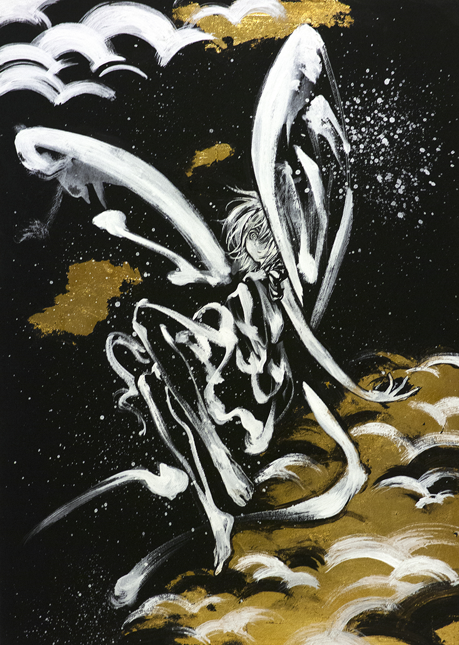 ikeda ruriko, eternity larva, touhou, highres, traditional media, 1girl, black background, butterfly wings, cloud, dress, fairy, insect wings, looking at viewer, outline, solo, spot color, sundress, white outline, wings