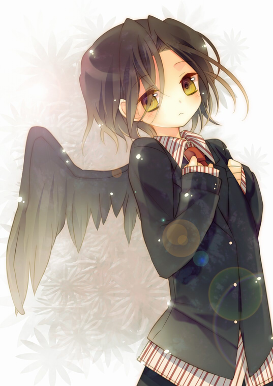 yamiya (8 18dlq), gilbert nightray, pandora hearts, striped, bad id, bad pixiv id, 00s, 1boy, :<, black hair, black wings, blush, brown eyes, brown hair, child, flower, flower symbol, male focus, necktie, short hair, solo, wings, yellow eyes