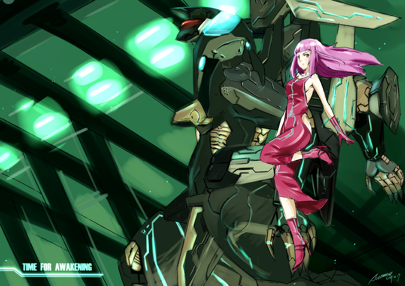 sunway, jehuty, ken marinaris, zone of the enders, zone of the enders 2, 00s, 1girl, breasts, dress, gloves, long hair, mecha, neon trim, orbital frame (zone of the enders), purple hair, robot, sideboob