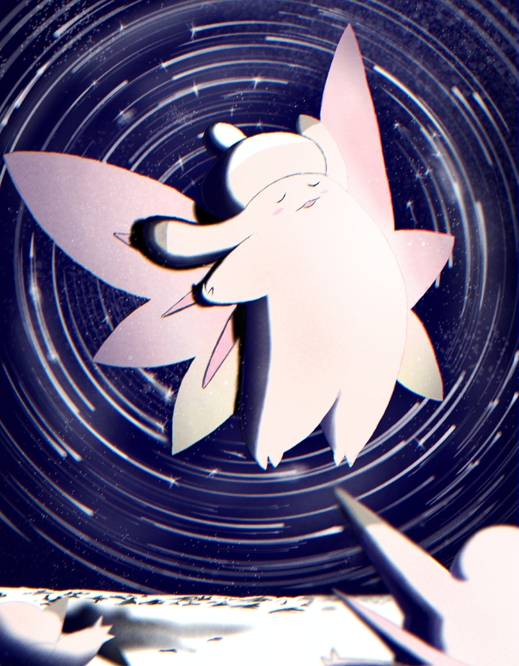 clefable, clefairy, mega clefable, nintendo, pokemon, commentary request, highres, blush, blush stickers, closed eyes, floating, full body, gen 1 pokemon, mega pokemon, moon, open mouth, pokemon (creature), pokemon focus, smile, solo focus, star (sky), user rypm2535, wings